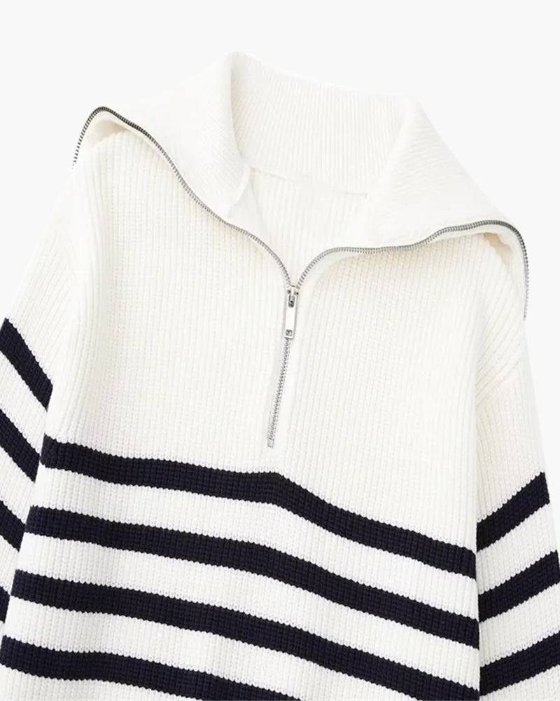 Striped Zip Up Sweater styling view black striped knitwear Italian Design