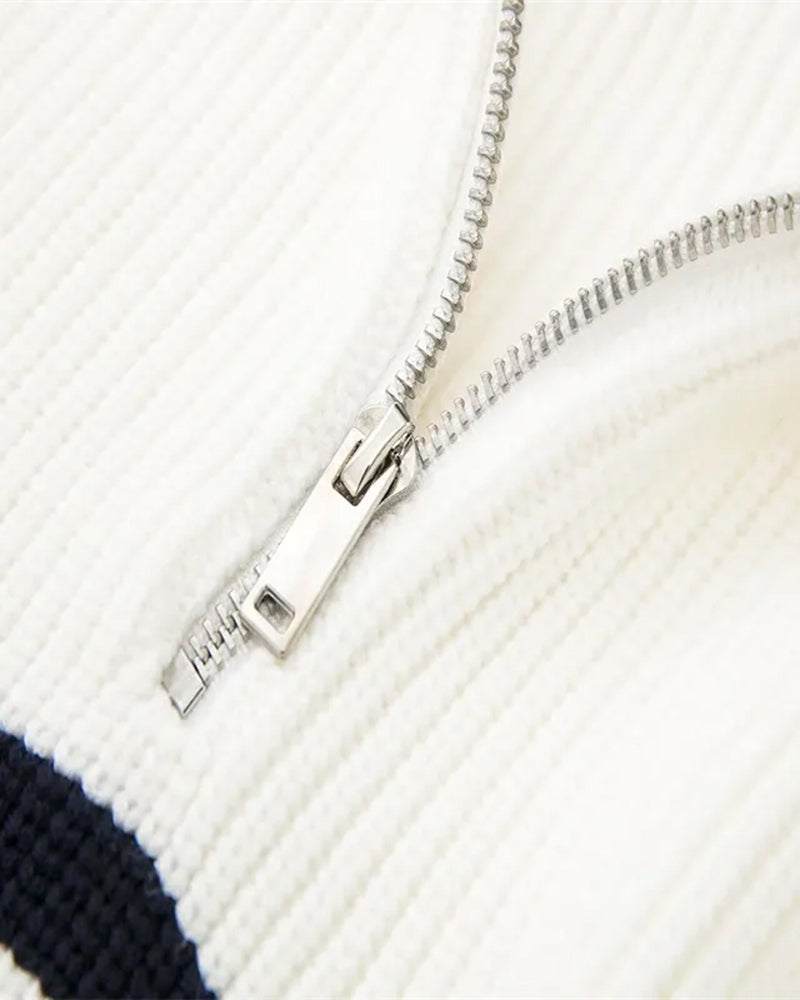 Striped Zip Up Sweater lifestyle view black striped knitwear Italian Design