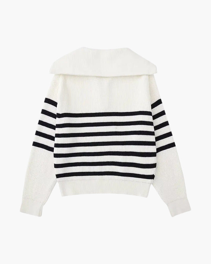 Striped Zip Up Sweater on-body view white striped knitwear Italian Design