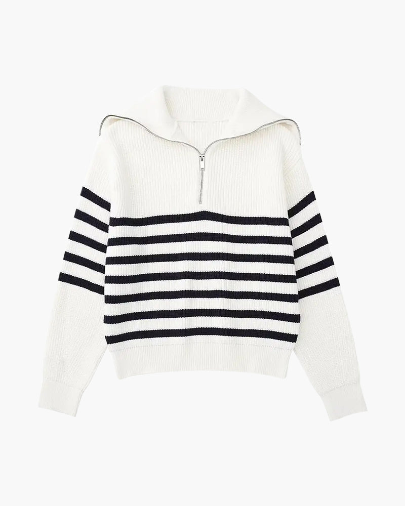 Striped Zip Up Sweater front view white striped knitwear Italian Design