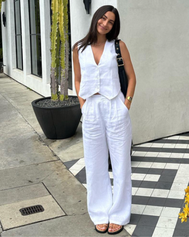 Classy Lady - Linen Two-piece Set on-body view black linen Italian Design