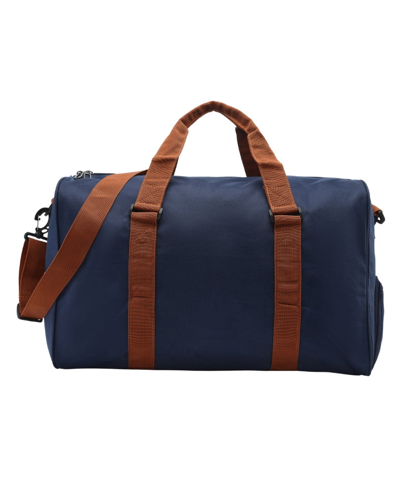 The Nova Duffle on-body view blue bag Italian Design