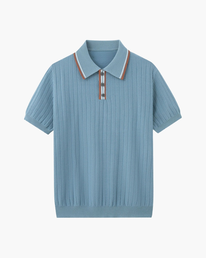 Ashford Knit Polo on-body view blue gray polo shirt Italian Design