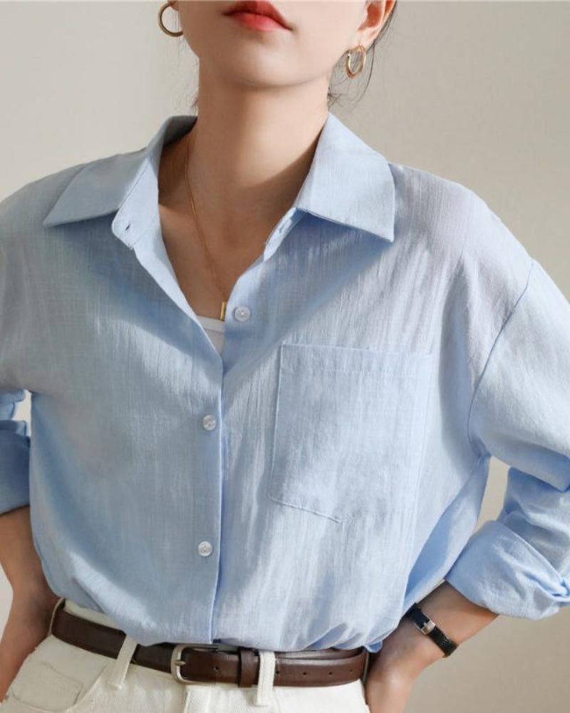 Estate Lady Linen Shirt front view blue linen Italian Design