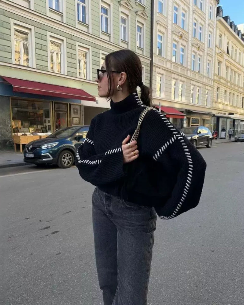 The Lila Stitch Sweater on-body view black knitwear Italian Design
