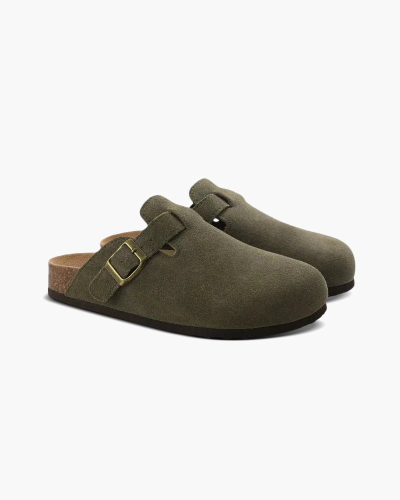 Procida Suede Clog flat lay three colorways beige brown olive suede