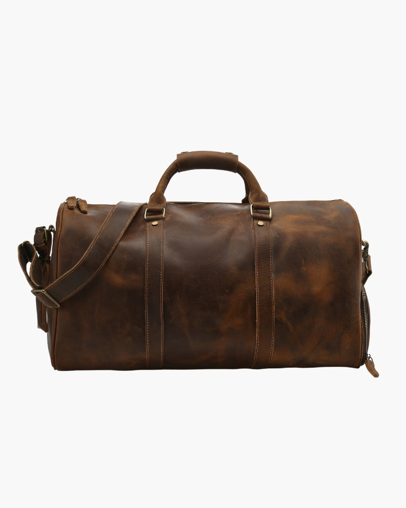 Montague Leather Duffle front view brown leather Italian Design