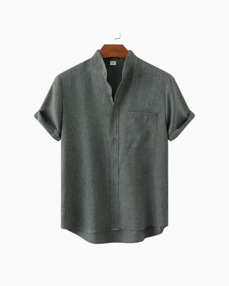 Monza Cotton Shirt brown mandarin collar cotton shirt on-body view Pianizzo