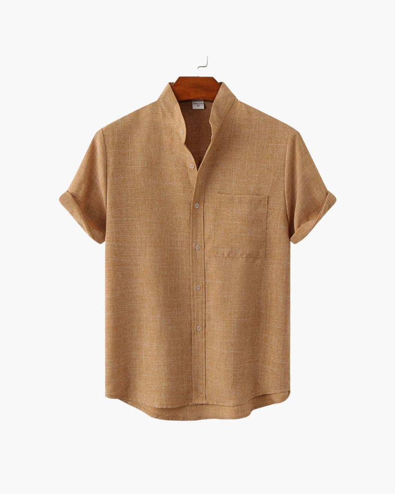 Monza Cotton Shirt detail view mandarin collar button-front placket rolled cuffs