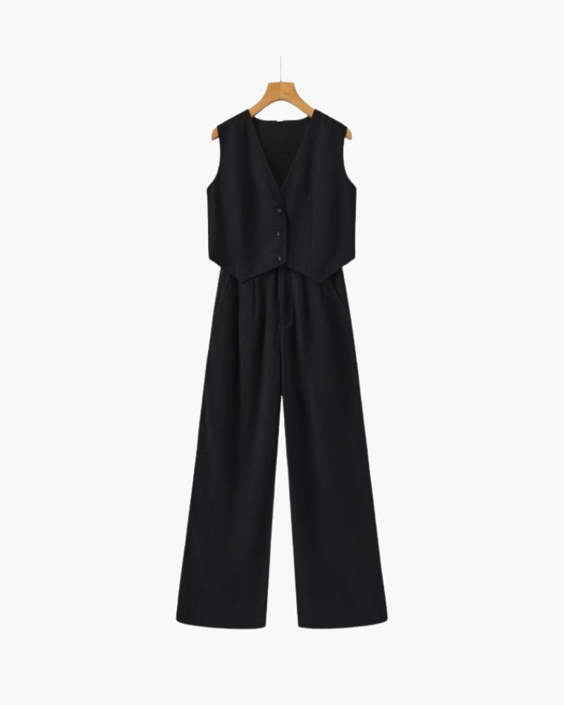 Classy Lady - Linen Two-piece Set front view black linen Italian Design