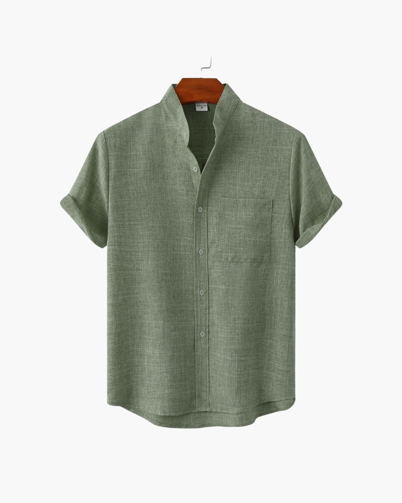 Monza Cotton Shirt on-body view green short sleeve mandarin collar editorial