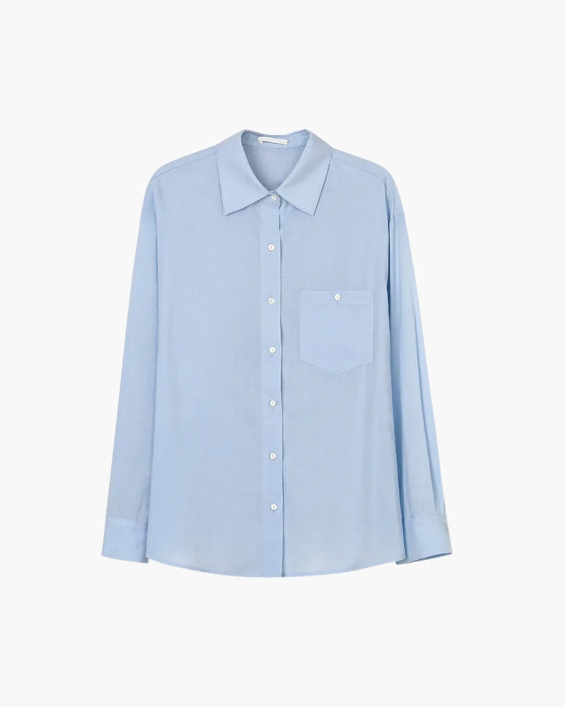 Estate Lady Linen Shirt on-body view blue linen Italian Design