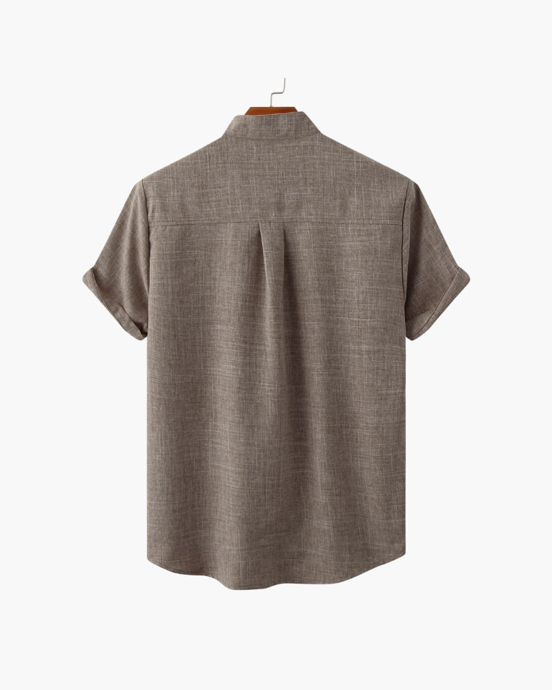 Monza Cotton Shirt on-body view brown short sleeve mandarin collar cotton shirt