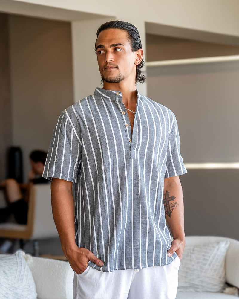 Bari Cotton Polo on-body editorial view blue polo minimalist menswear