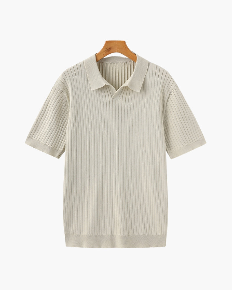 Treviso Cotton Polo on-body view beige ribbed cotton polo shirt editorial