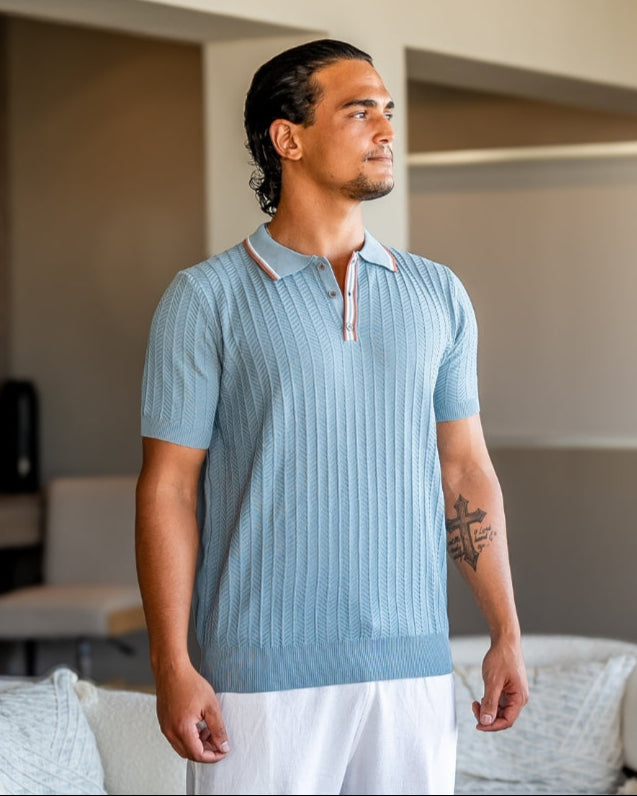 Ashford Knit Polo front view blue gray polo shirt Italian Design