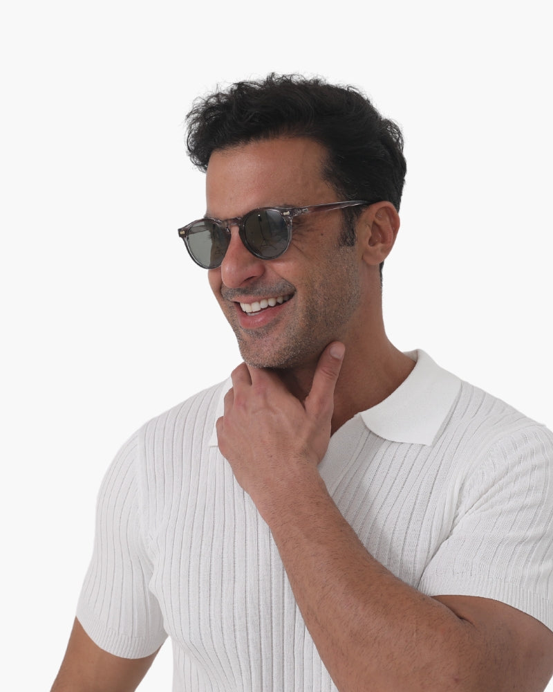 Old Money Sunglasses (Polarised) on-body view transparant sunglasses Italian Design