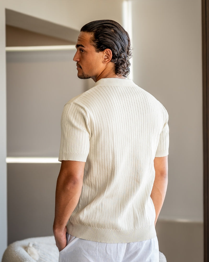 Treviso Cotton Polo on-body view brown ribbed knit polo relaxed fit Pianizzo