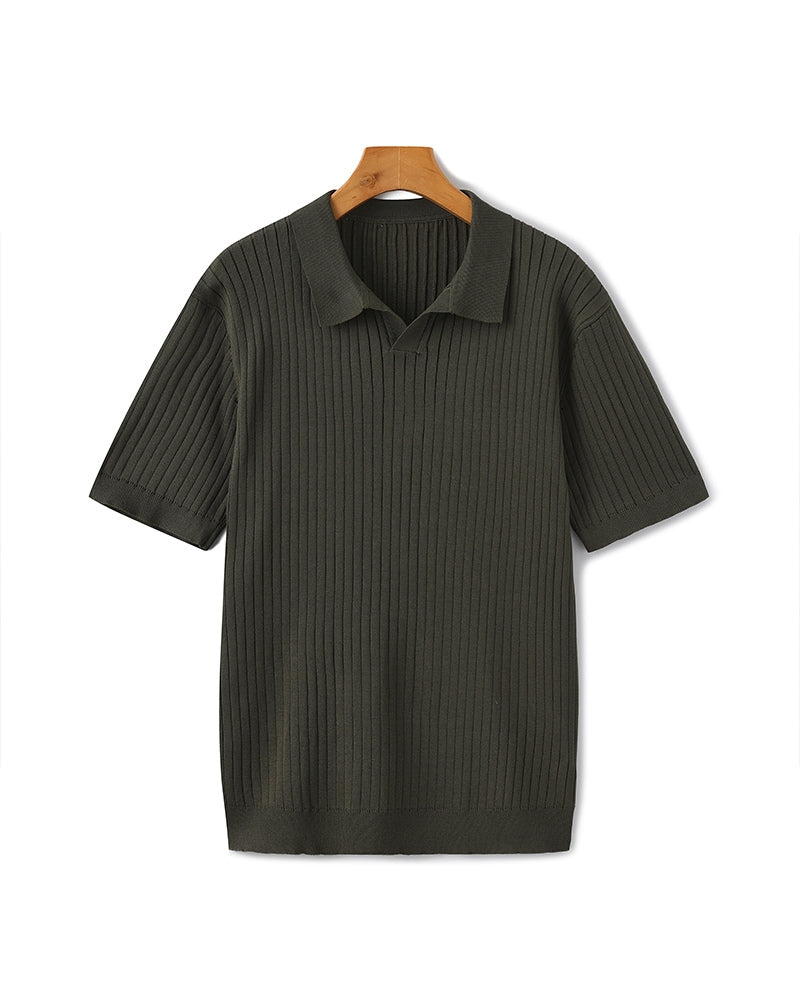 Treviso Cotton Polo gray ribbed knit polo on-body back view clean seam finish