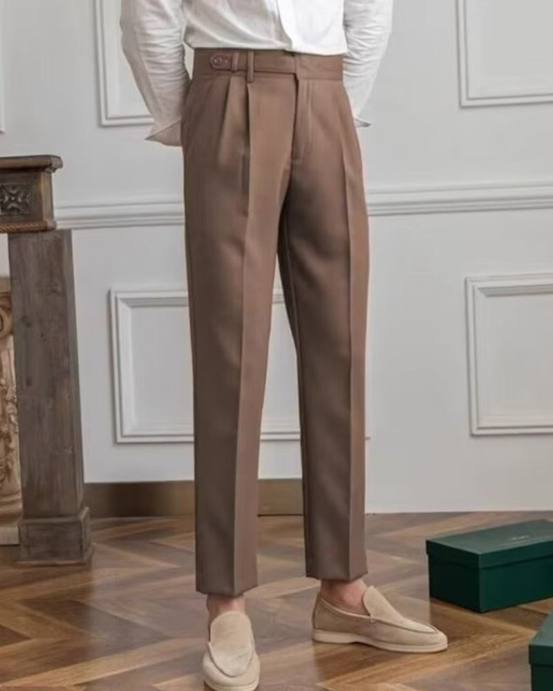 Verona Cotton Trouser on-body view brown high waist trouser outdoor editorial