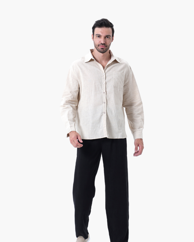 Catania Linen Set beige linen shirt beige trouser matching set front view