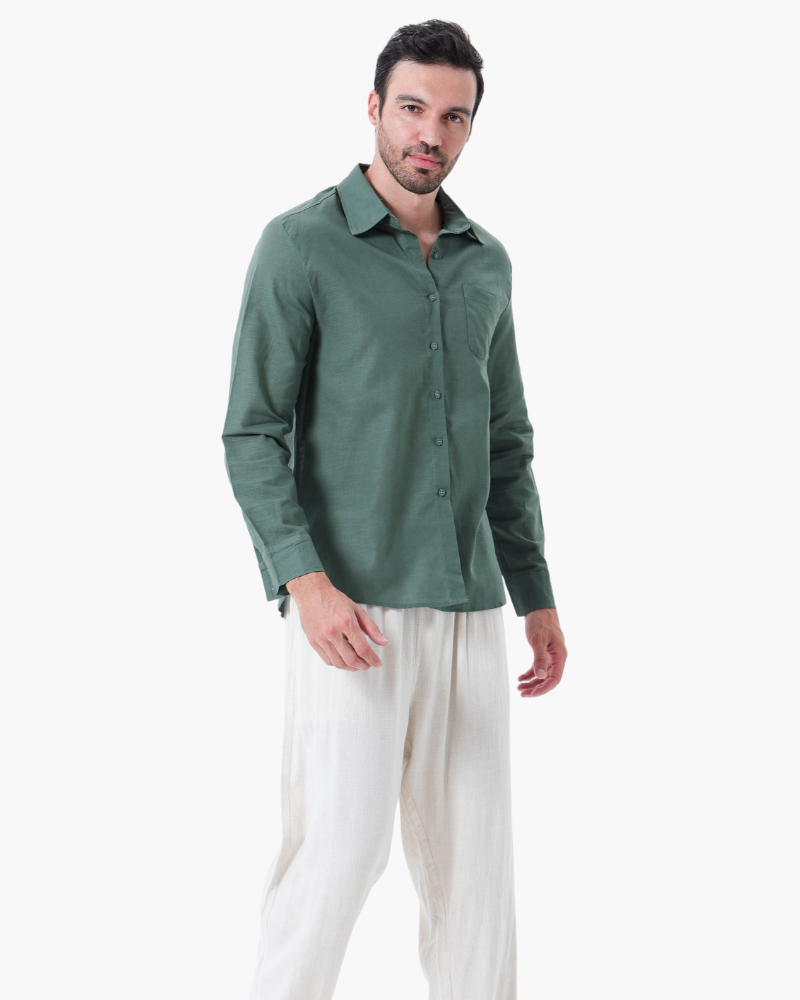 Catania Linen Set full outfit view green shirt beige trouser coordinated linen set