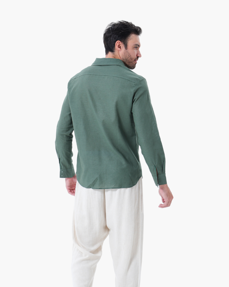 Catania Linen Set on-body profile green long sleeve linen set Italian Design Pianizzo