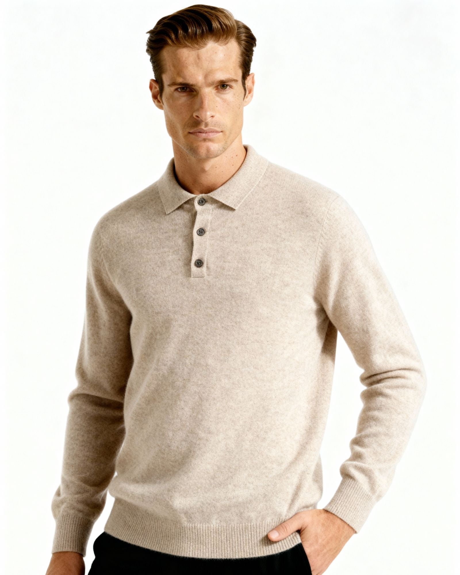 100% Cashmere Polo side profile beige cashmere Italian Design