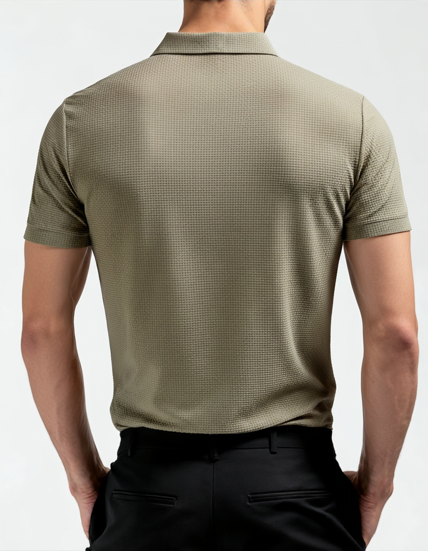 Bolzano Polo detail view polo collar and placket construction polyester texture