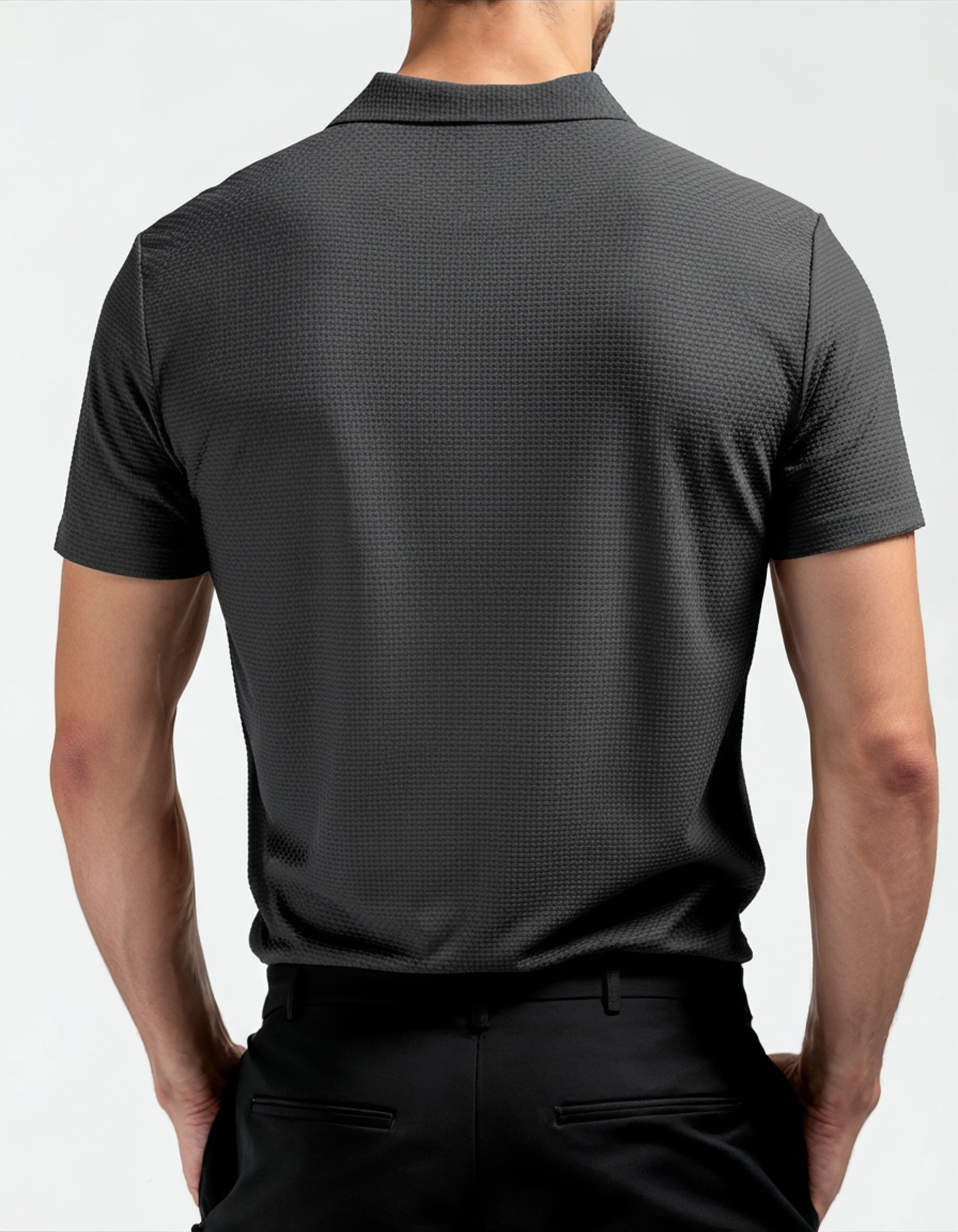 Bolzano Polo on-body view black smooth polyester polo shirt smart casual editorial