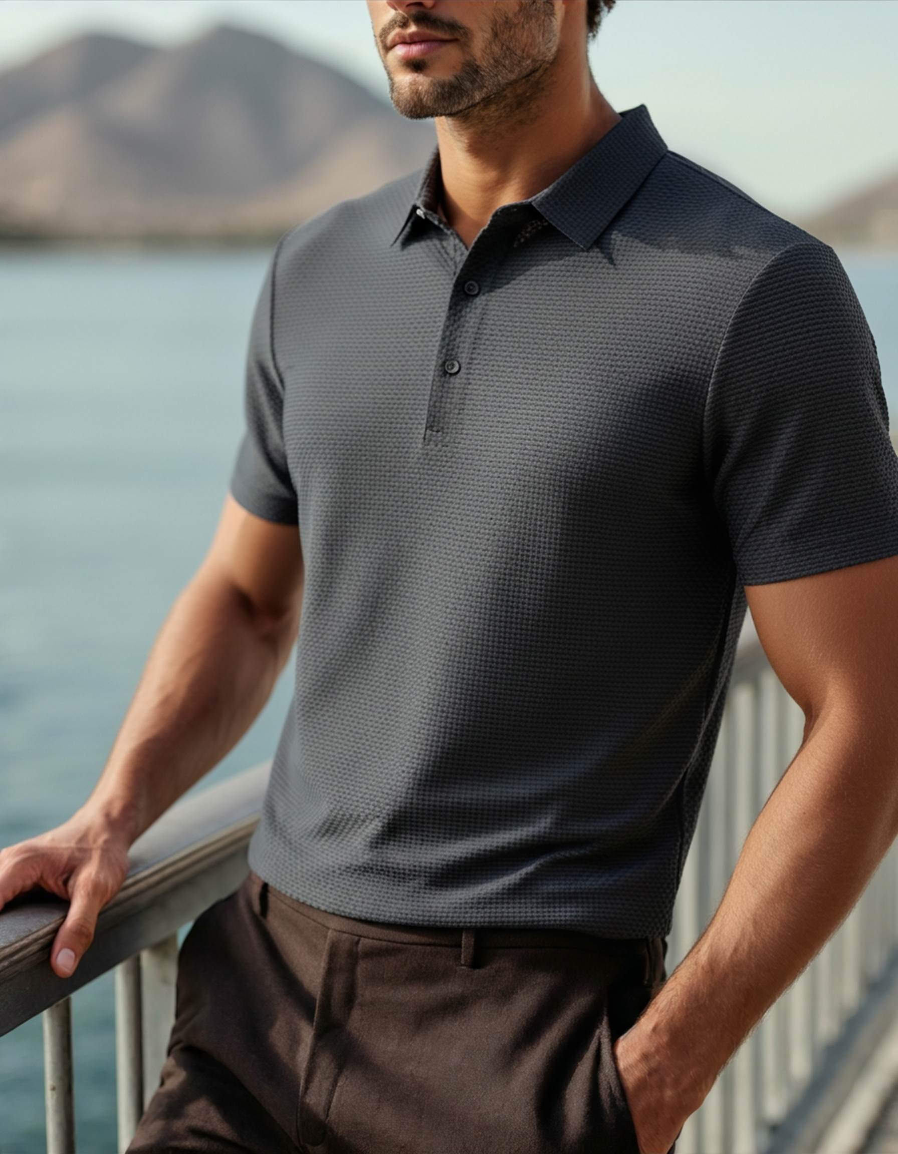 Bolzano Polo black polo side profile polo collar open placket Pianizzo Italian Design