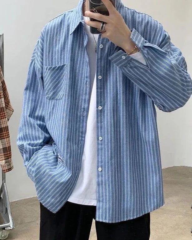 Oversized Striped Shirt on-body view light blue shirt Italian Design