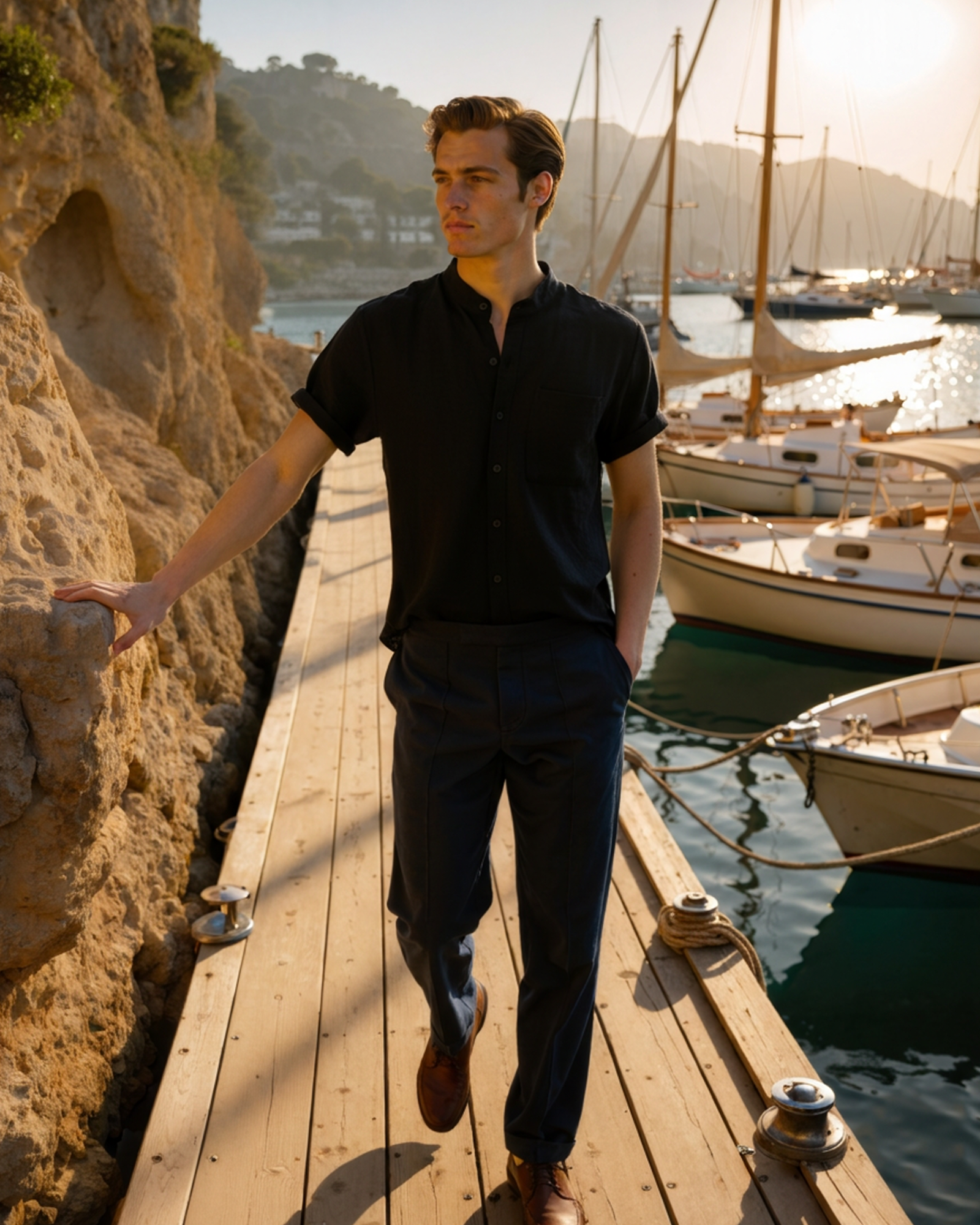 Monza Cotton Shirt yellow mandarin collar cotton shirt front view editorial outdoor