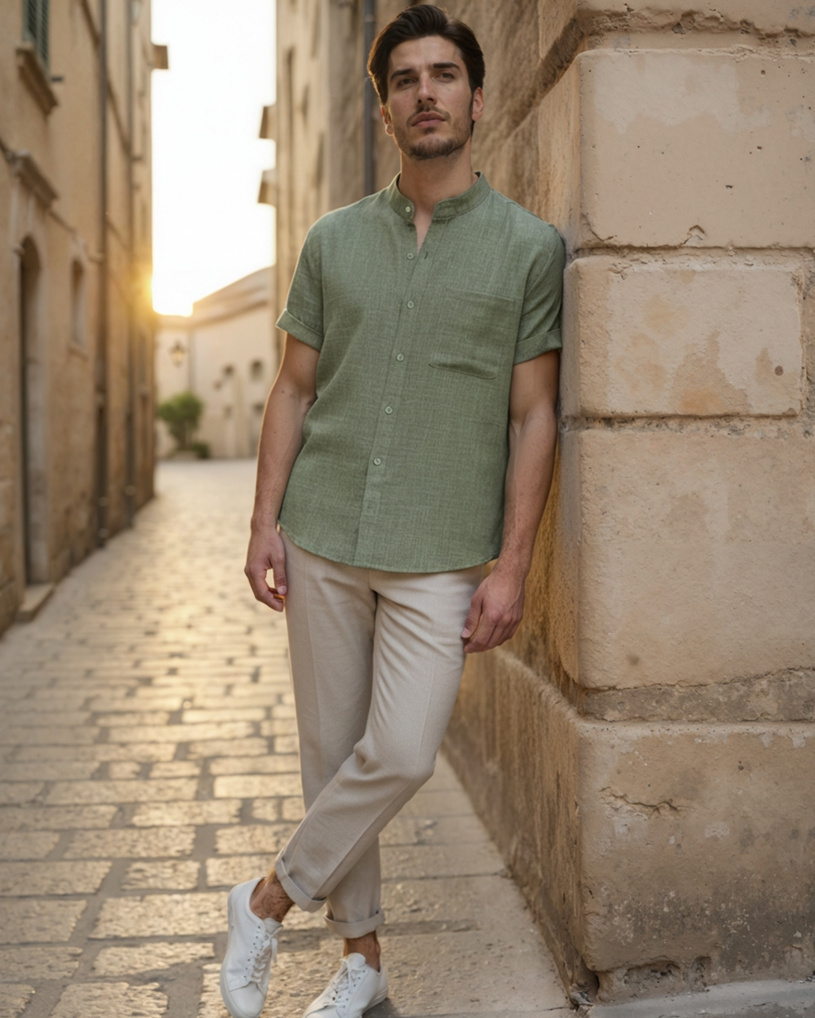 Monza Cotton Shirt on-body view black short sleeve cotton shirt Italian Design Pianizzo