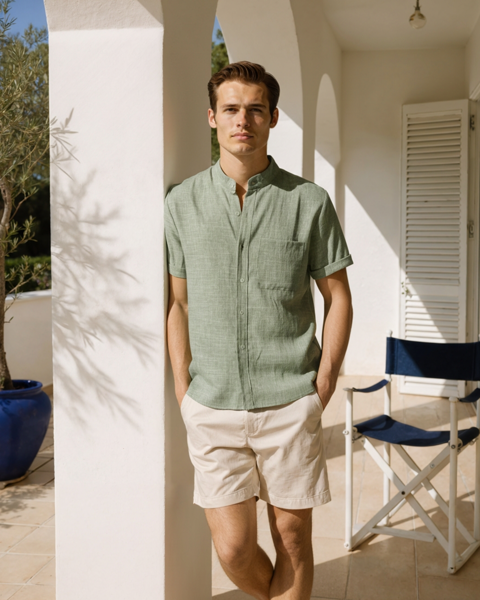Monza Cotton Shirt front view green mandarin collar cotton shirt studio