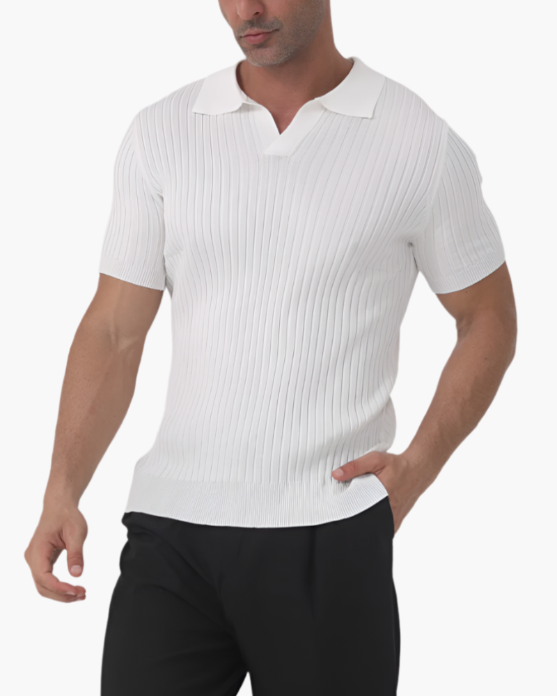 Lucca Cotton Polo front view white ribbed cotton polo shirt polo collar studio