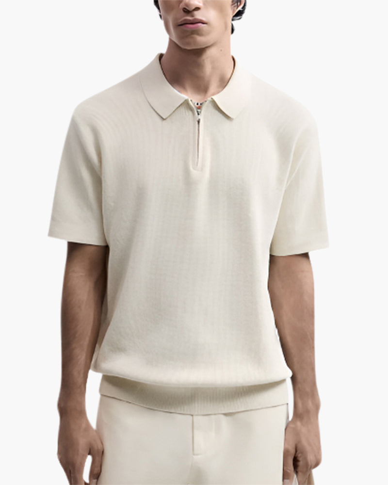 Marbella Zip Up Polo on-body view beige knitwear Italian Design