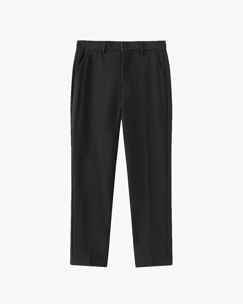 Padova Cotton Trouser on-body view black stretch cotton trouser straight leg editorial