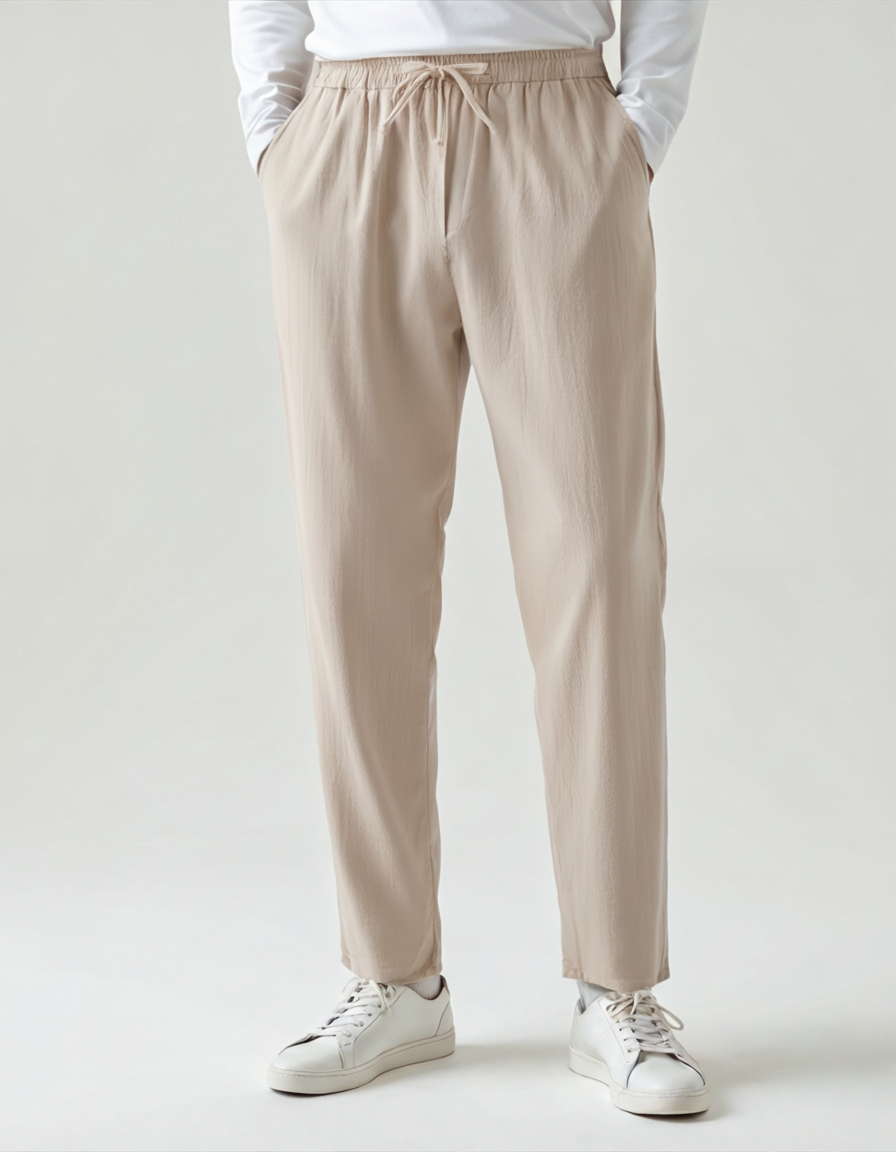 Palermo Linen Trouser front view beige 100% linen clean waistband studio