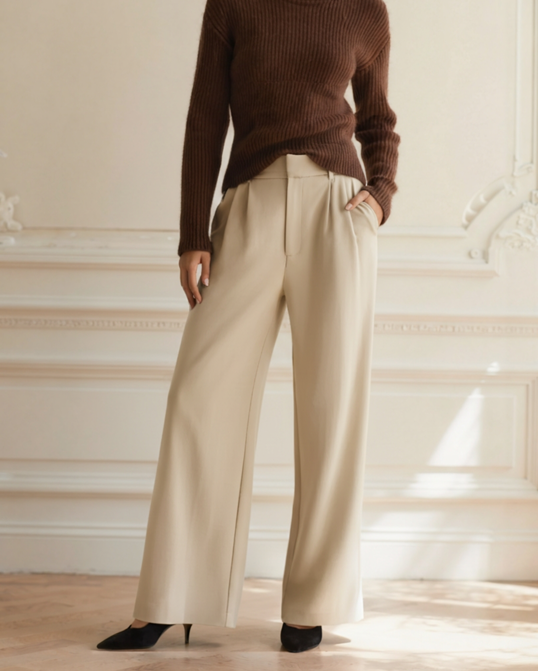 Serena Wide-Leg Trousers front view beige trouser Italian Design