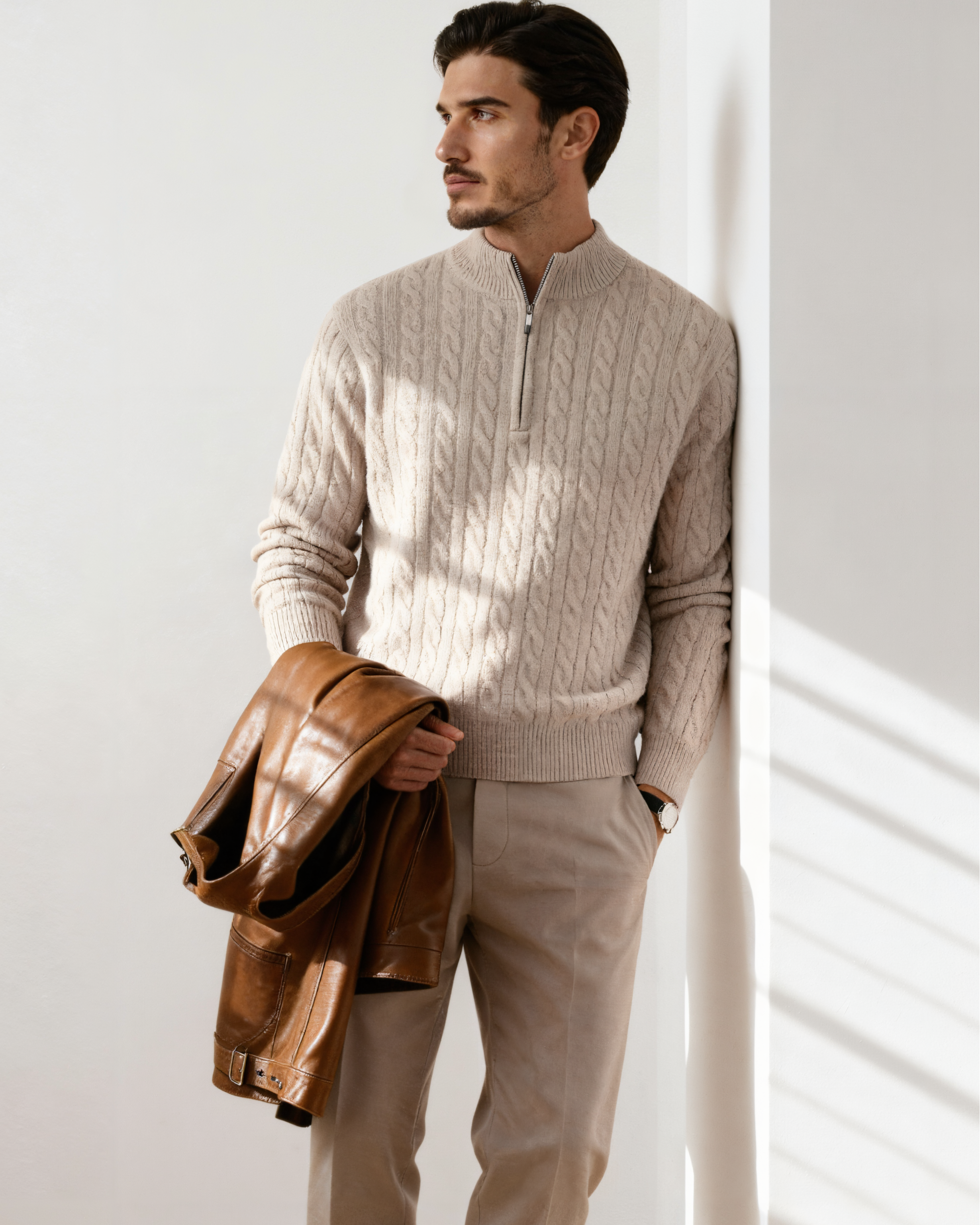 100% Cashmere Woven Half Zip front view beige cashmere Italian Design