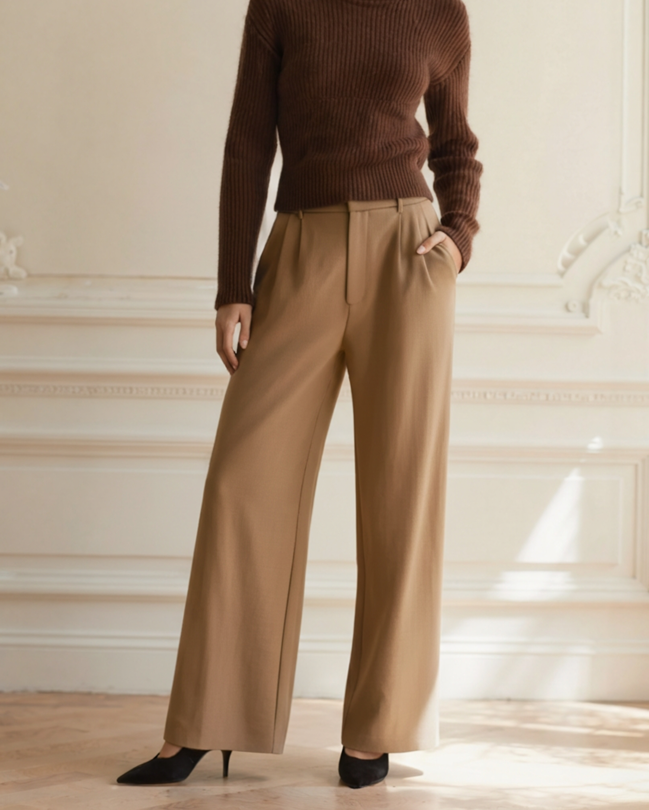 Serena Wide-Leg Trousers editorial view navy trouser Italian Design