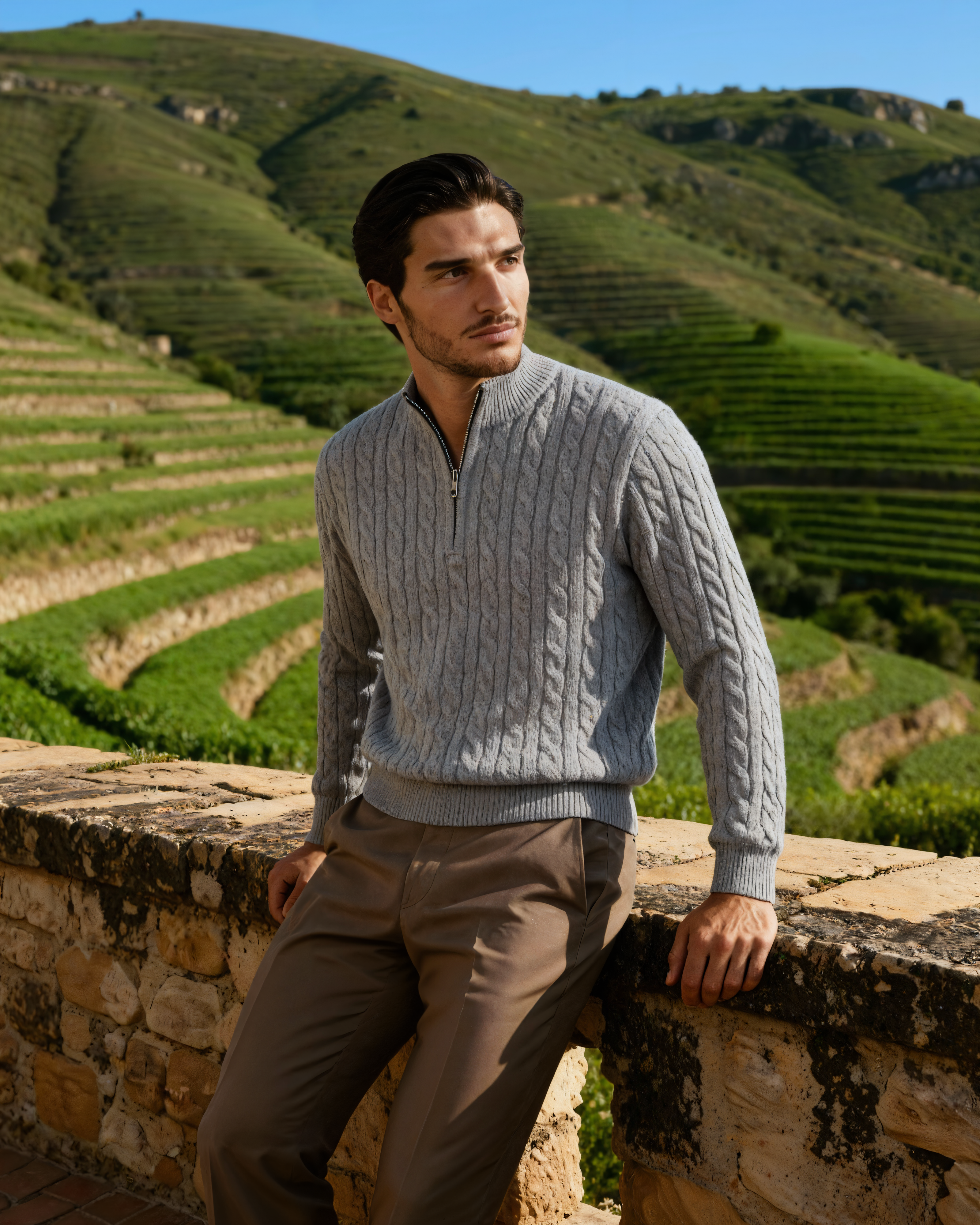100% Cashmere Woven Half Zip craft detail beige cashmere Italian Design