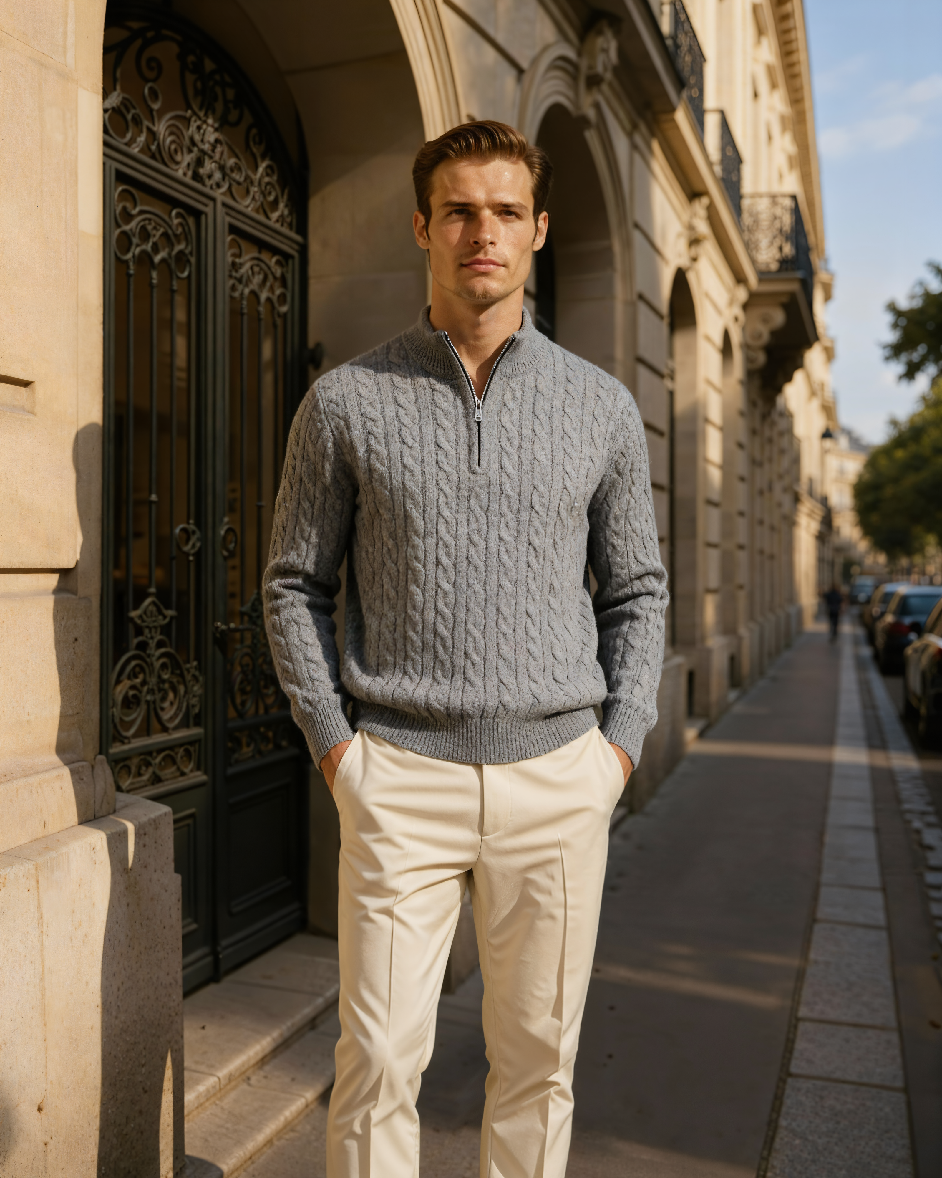 100% Cashmere Woven Half Zip studio view beige cashmere Italian Design