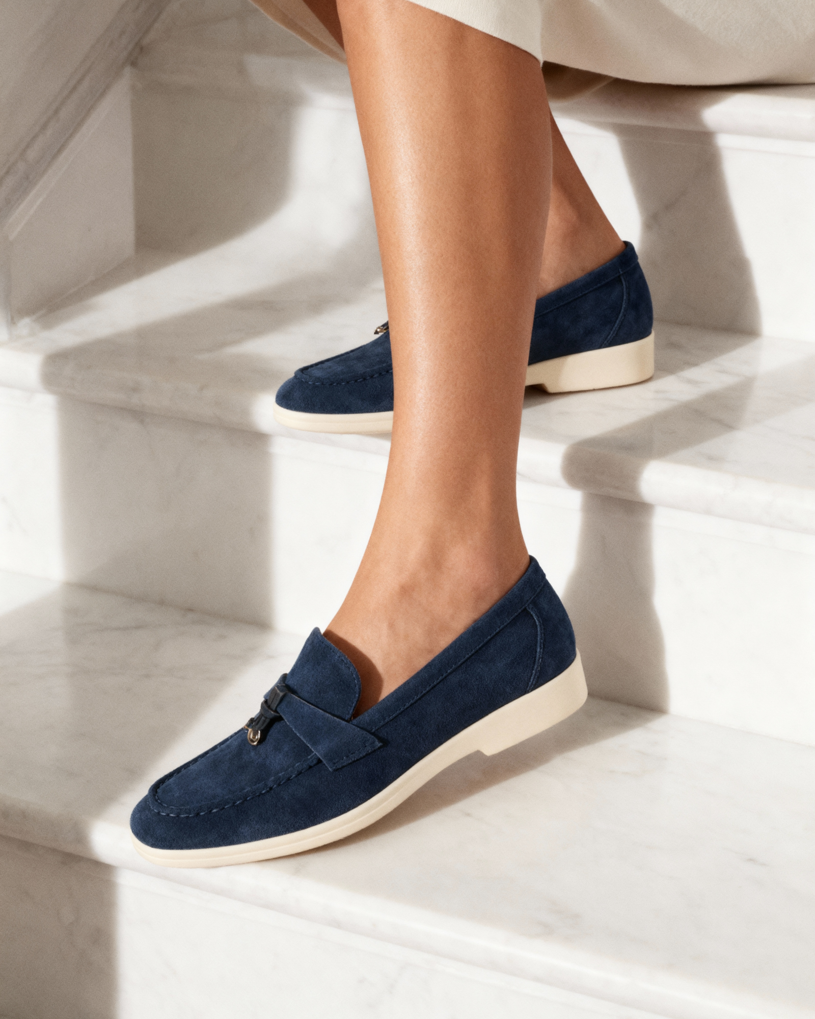 Gaeta Suede Loafer side view marine blue suede construction detail