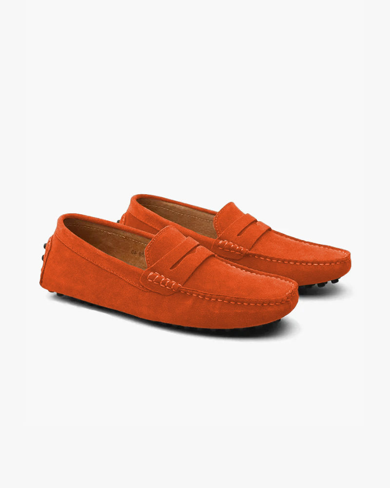 Tropea Suede Driver Loafer front view orange suede bold colorway natural light