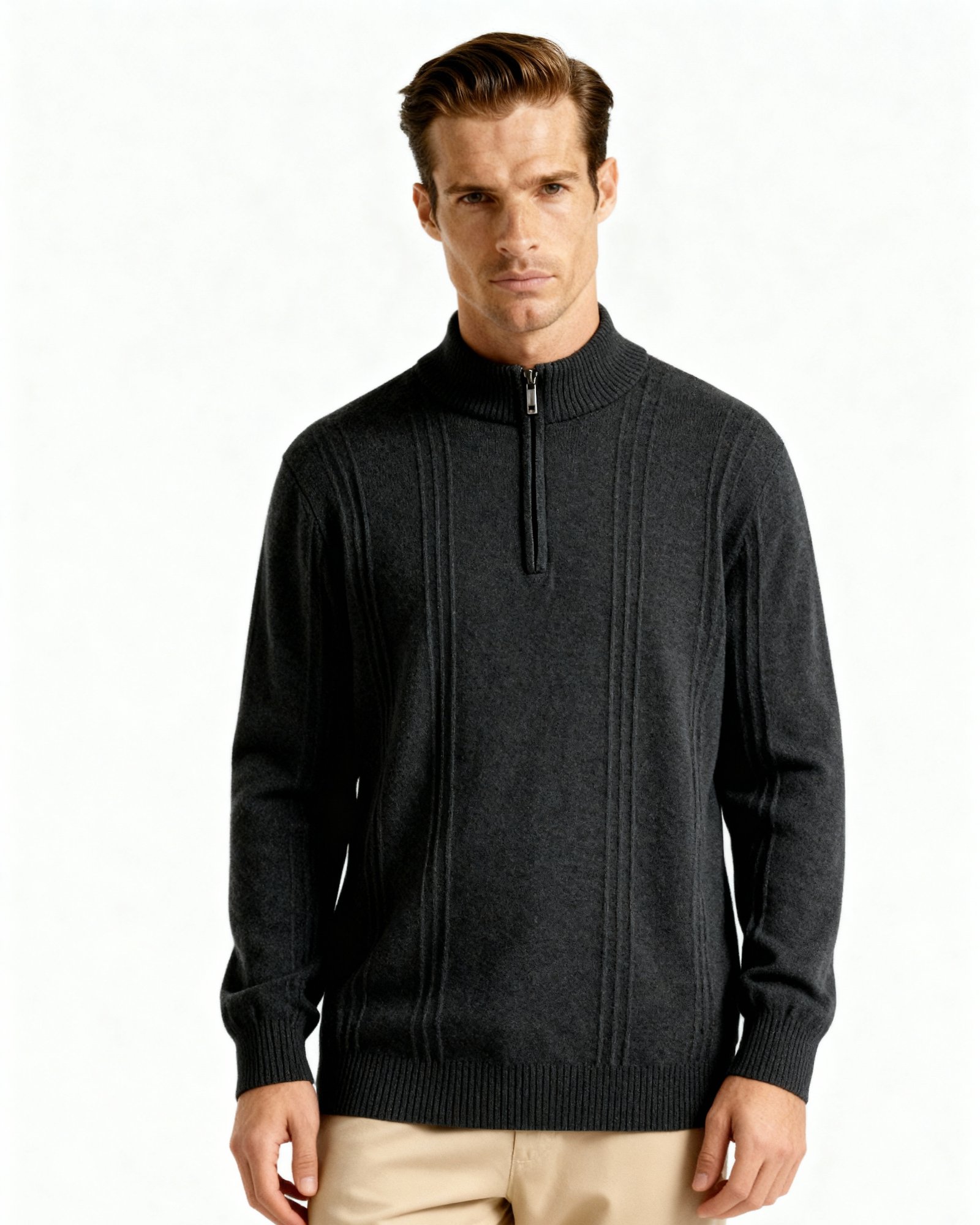 100% Cashmere Ribbed Half Zip editorial view dark gray cashmere Italian Design