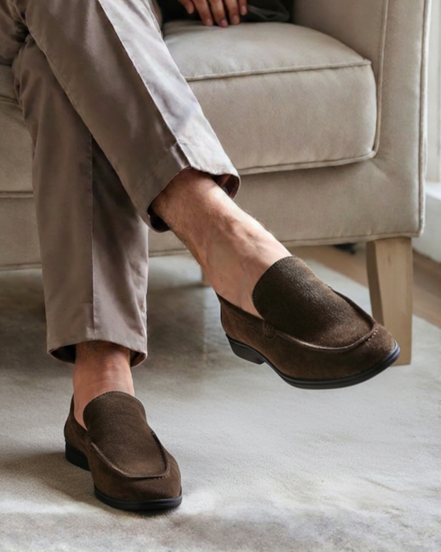 Udine Suede Loafer front view olive suede slip-on black rubber sole studio