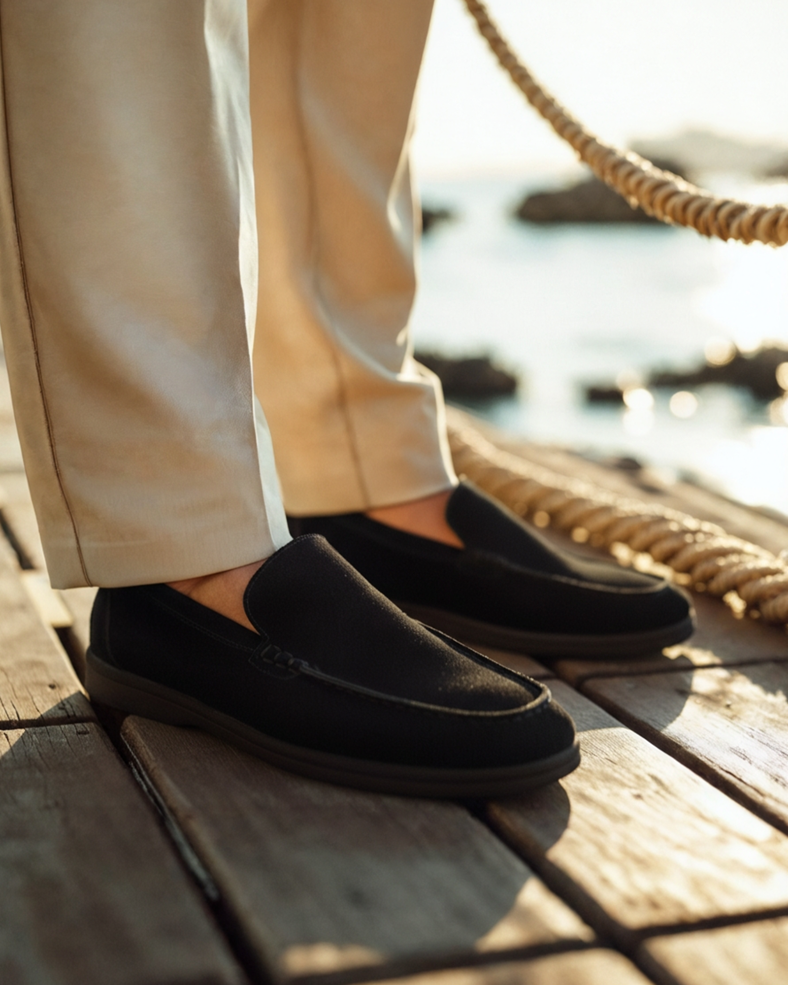 Udine Suede Loafer detail view suede upper and black sole seam construction close-up