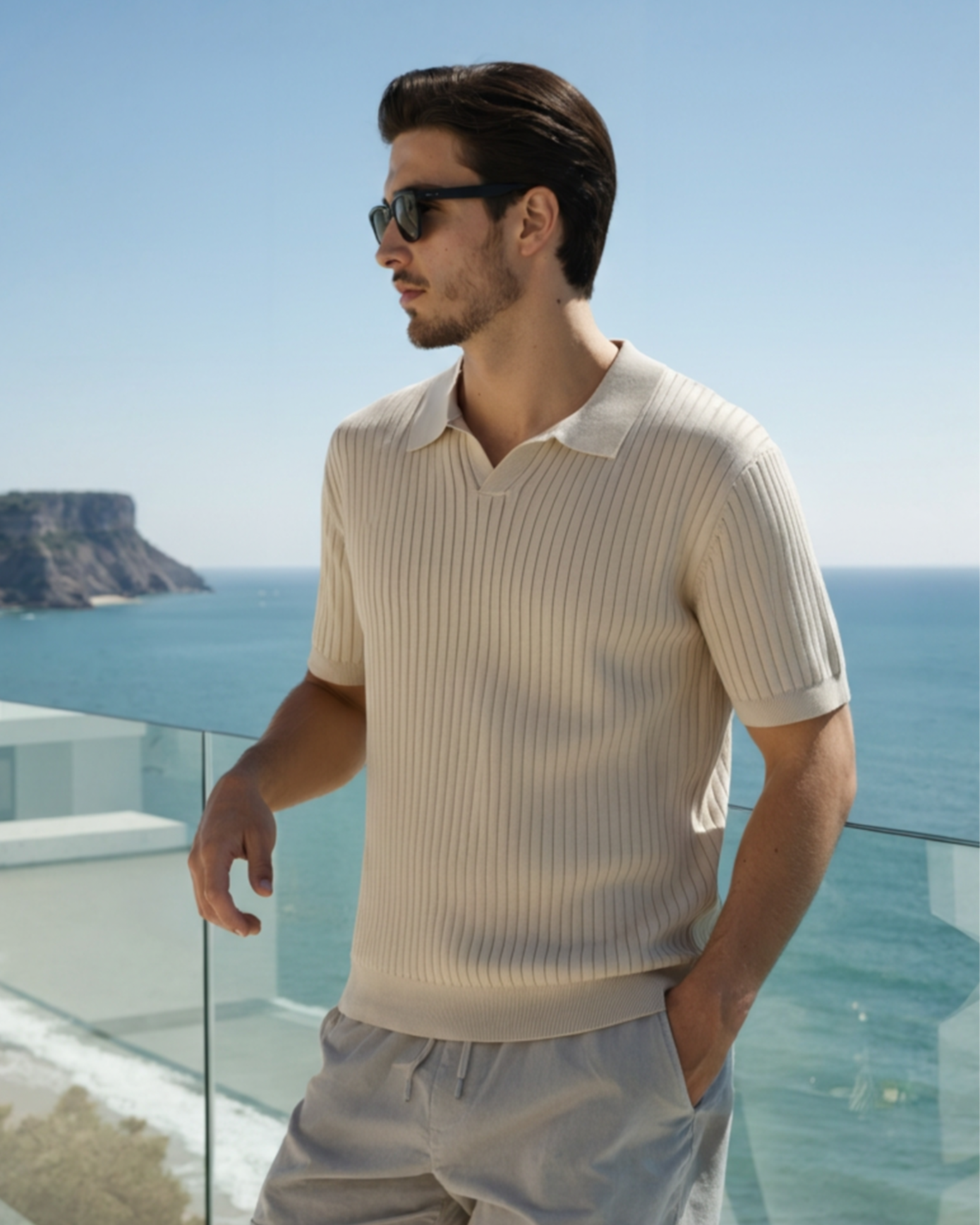 Treviso Cotton Polo front view beige ribbed knit polo collar short sleeve studio